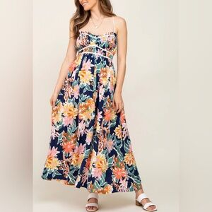 Lush Navy Floral Strapless Maxi Dress with Pink, Orange & Yellow Flowers